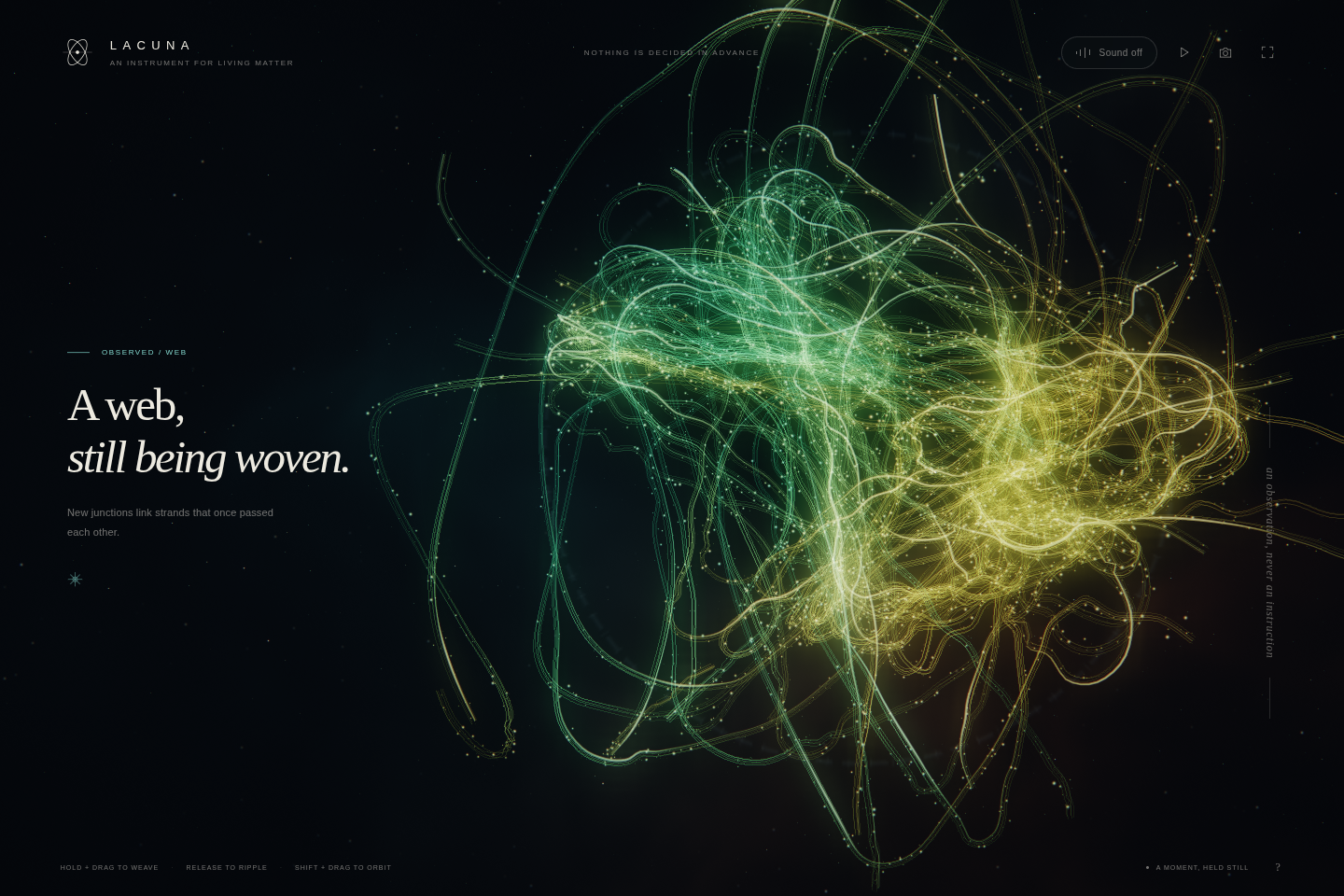 Lacuna’s luminous green and gold threads weaving through a dark field