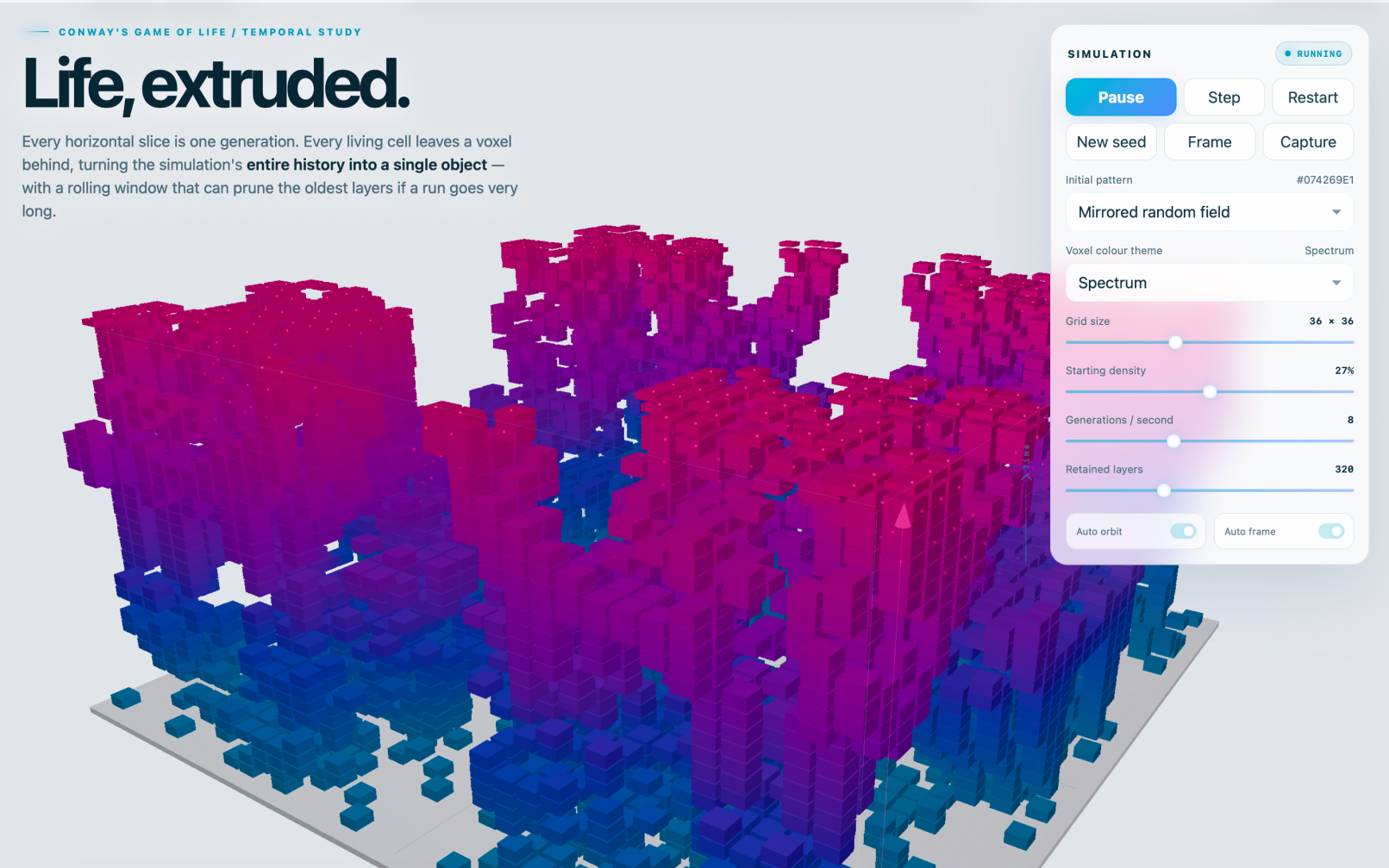 Life, Extruded interface showing Conway’s Game of Life as a three-dimensional voxel timeline