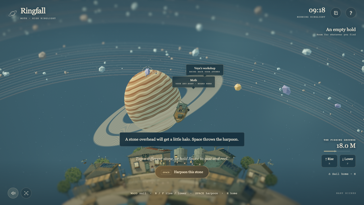 Ringfall’s sky-boat fishing among the bright rings above its tiny moon village
