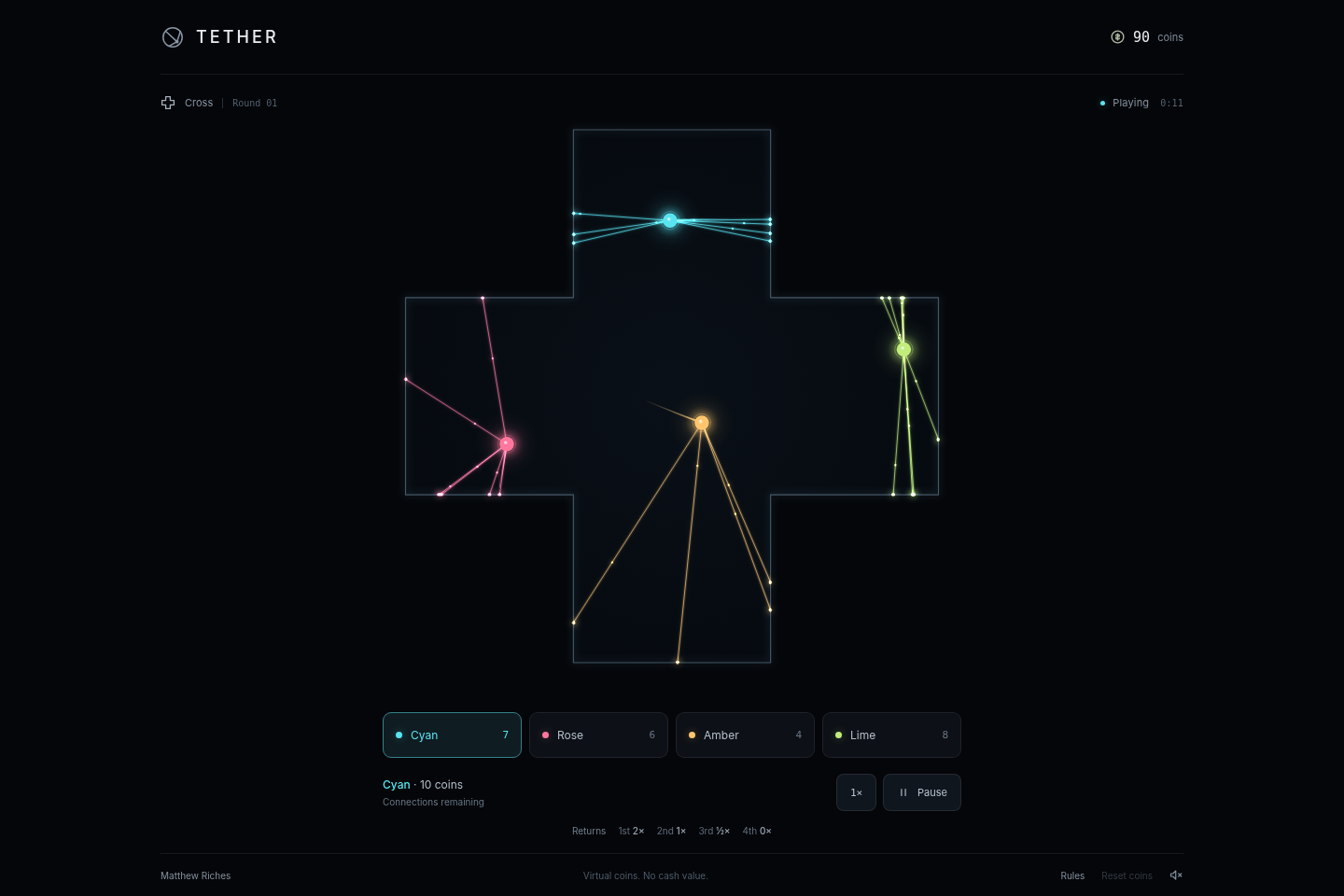Tether game in progress inside a cross-shaped arena with four coloured balls and glowing connections